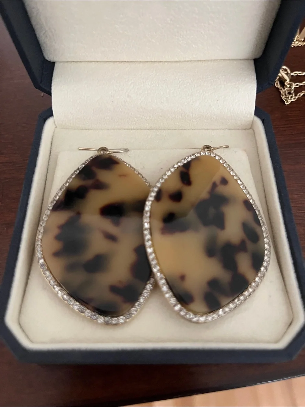 Tortoiseshell Teardrop Earrings with Rhinestone Trim - Brown